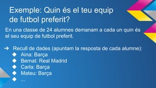 Exemple: Quin és el teu equip
de futbol preferit?
En una classe de 24 alumnes demanam a cada un quin és
el seu equip de futbol preferit.
➔ Recull de dades (apuntam la resposta de cada alumne):
◆ Aina: Barça
◆ Bernat: Real Madrid
◆ Carla: Barça
◆ Mateu: Barça
◆ ...
 