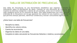 TABLA DE DISTRIBUCIÓN DE FRECUENCIAS.
Una tabla de frecuencias es una herramienta estadística que organiza y resume la
información sobre la distribución de datos. Consiste en una estructura de columnas que
muestra las distintas categorías o valores de una variable, junto con el número de veces que
cada categoría ocurre en un conjunto de datos. Esta tabla proporciona una visión general y
ordenada de la frecuencia con la que aparecen los valores en una muestra o población, lo
que permite analizar patrones, identificar tendencias y extraer conclusiones significativas.
¿Cómo hacer una tabla de frecuencias?
 Recopila tus datos.
 Identifica los valores únicos.
 Cuenta las ocurrencias.
 Organiza los datos en una tabla.
 Completa la tabla calculando las frecuencias faltantes ( relativa y acumuladas).
 