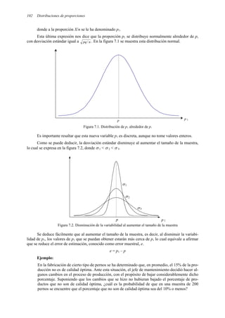 102 Distribuciones de proporciones
donde a la proporción X/n se le ha denominado p1.
Esta última expresión nos dice que la proporción p1 se distribuye normalmente alrededor de p,
con desviación estándar igual a n
pq/ . En la figura 7.1 se muestra esta distribución normal.
Figura 7.1. Distribución de p1 alrededor de p.
Es importante resaltar que esta nueva variable p1 es discreta, aunque no tome valores enteros.
Como se puede deducir, la desviación estándar disminuye al aumentar el tamaño de la muestra,
lo cual se expresa en la figura 7.2, donde σ 1 < σ 2 < σ 3.
Figura 7.2. Disminución de la variabilidad al aumentar el tamaño de la muestra
Se deduce fácilmente que al aumentar el tamaño de la muestra, es decir, al disminuir la variabi-
lidad de p1, los valores de p1 que se puedan obtener estarán más cerca de p, lo cual equivale a afirmar
que se reduce el error de estimación, conocido como error muestral, e.
e = p1 – p
Ejemplo:
En la fabricación de cierto tipo de pernos se ha determinado que, en promedio, el 15% de la pro-
ducción no es de calidad óptima. Ante esta situación, el jefe de mantenimiento decidió hacer al-
gunos cambios en el proceso de producción, con el propósito de bajar considerablemente dicho
porcentaje. Suponiendo que los cambios que se hizo no hubieran bajado el porcentaje de pro-
ductos que no son de calidad óptima, ¿cuál es la probabilidad de que en una muestra de 200
pernos se encuentre que el porcentaje que no son de calidad óptima sea del 10% o menos?
p 1
p
p p 1
σ1
σ3
σ2
 