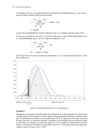 122 Contrastes de hipótesis
El verdadero valor de α se puede determinar calculando la probabilidad de que p1 esté en la re-
gión de rechazo, usando la aproximación normal:
01
,
2
008
,
2
40
75
,
0
25
,
0
25
,
0
)
40
(
2
1
1
,
0
−
≈
−
=
×
−
+
=
z
α = 0,0222
¿Cuál sería la probabilidad de aceptar la hipótesis nula si el verdadero valor de p fuese 0,20?
En este caso, la hipótesis nula (H0: p ≥ 0,25) sería falsa, por lo tanto, dicha probabilidad, es de-
cir, la probabilidad de que p1 esté en la región de aceptación, es β:
38
,
1
40
80
,
0
20
,
0
20
,
0
)
40
(
2
1
125
,
0
−
=
×
−
−
=
z
β = 1 – 0,0838 = 0,9162
En la figura 9.4 se muestran las áreas que representan a α y β, incluyendo las áreas que se aña-
den en cada caso.
0
0.02
0.04
0.06
0.08
0.1
0.12
0.14
0.16
0.18
0.00 0.05 0.10 0.15 0.20 0.25 0.30 0.35 0.40 0.45 0.50 0.55 0.60 0.65 0.70
Región de rechazo Región de aceptación
0,125
α
β
Figura 9.4. Representación gráfica de α y β del ejemplo 1.
Ejemplo 2:
Supóngase que un grupo de profesionales de la educación ha venido aplicando un método espe-
cial para mejorar el nivel educativo de los alumnos del departamento de Piura. Se quiere investi-
gar si el porcentaje de alumnos con promedio mayor de 15 es superior en Piura que en el resto
del país. Para esto, se toman dos muestras: la primera, de 200 alumnos del resto del país, donde
se encuentran 38 alumnos con promedio mayor de 15; la segunda, de 100 alumnos de Piura,
donde se encuentran 23 alumnos con promedio mayor de 15. ¿Se podrá afirmar que dicho por-
centaje es mayor en Piura, con α = 0,05?
 