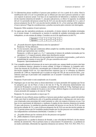 Contrastes de hipótesis 137
22. Un laboratorista piensa modificar el proceso para producir cal viva a partir de la caliza. Hará la
modificación sólo si la cal viva promedio que se obtiene por este nuevo proceso aumenta su valor
con respecto al proceso actual. Con base en un experimento de laboratorio y mediante el empleo
de dos muestras aleatorias de tamaño 11, una para cada proceso, se obtuvo lo siguiente: la cantidad
del cal viva promedio del proceso actual fue de 24,5 con una desviación estándar de 2,2, y para el
proceso propuesto fue de 28,1 con una desviación estándar de 2,6. ¿Cree usted que debe adoptarse
el nuevo proceso? Haga las consideraciones y pruebas necesarias para contestar esta interrogante.
Respuesta: Debe aceptarse el nuevo proceso.
23. Se espera que dos operadores produzcan, en promedio, el mismo número de unidades terminadas
en el mismo tiempo. A continuación se muestra la cantidad de unidades terminadas para ambos
trabajadores, en una semana de trabajo. Considere un nivel de significancia (α) del 5%.
Operador 1 12 11 18 16 13
Operador 2 15 18 17 16 17
a) ¿Se puede discernir alguna diferencia entre los operadores?
Respuesta: No hay diferencia.
b) Si cree necesario, diga qué condiciones deben cumplir las variables aleatorias en estudio. Diga
además qué representan esas variables.
Respuesta: σx debe ser igual a σy. X e Y representan el número de unidades terminadas por los
operadores 1 y 2 respectivamente; deben tener distribución normal.
c) Si realmente hay una diferencia de una unidad entre los promedios mencionados, ¿cuál sería la
probabilidad de cometer el error tipo II? ¿En que consistiría este error?
Respuesta: Aproximadamente 0,93.
24. Una compañía adquirió mil pistones de un nuevo proveedor que, aunque dando un precio más bajo
que el productor anterior, garantiza la misma calidad. Al llegar el embarque, la compañía selec-
cionó una muestra de 30 artículos, encontrando que el diámetro promedio es de 7,504 cm. con una
desviación estándar 0,018 cm. Las especificaciones requieren que no se sobrepase un diámetro
promedio de 7,500 cm. Suponiendo que se acepta un riesgo del 10% de una acusación falsa, ¿con-
sideraría usted que el proveedor está cumpliendo con el acuerdo? Considere un nivel de signifi-
cancia del 5%
Respuesta: El proveedor sí está cumpliendo con el acuerdo.
25. Supóngase que en una línea aérea se desea determinar si el peso promedio del equipaje que llevan
los pasajeros que van de Piura a Lima es de más de 15 Kg. Se selecciona aleatoriamente una
muestra de 40 pasajeros y se pesa su equipaje, encontrando una media de 16 Kg. Supóngase que se
sabe que la desviación estándar de los pesos es de 2,8 Kg. ¿Debería llegarse a la conclusión de que
el peso promedio del equipaje es de más de 15 Kg?
Respuesta: Sí, el peso promedio es mayor que 15.
25. El gerente de una refinería piensa modificar el proceso para producir gasolina a partir del petróleo
crudo; pero hará la modificación sólo si la gasolina promedio que se obtenga por este nuevo pro-
ceso (expresada como porcentaje del crudo) aumenta su valor con respecto al proceso en uso. Con
base en un experimento de laboratorio y mediante el empleo de dos muestras aleatorias de tamaño
25 para cada proceso, la cantidad de gasolina promedio del proceso en uso fue de 26,34 con una
desviación estándar de 2,4, y para el proceso propuesto fue de 28,8 con una desviación estándar de
2,9. El gerente piensa que los resultados proporcionados por los dos procesos son variables aleato-
rias independientes normalmente distribuidas. Considere α = 0,05.
a) ¿Se podrá afirmar que las varianzas de los dos procesos son iguales?
b) ¿Debe adoptarse el nuevo proceso?
26. Una organización va a probar la distancia de frenado, a una velocidad de 80 Km/h, de dos marcas
distintas de automóviles. Para la primera marca se seleccionaron 10 automóviles y se probaron en
un medio controlado, obteniendo las siguientes distancias (en metros): 50,8; 53,5; 48,5; 49,6; 51,1;
 