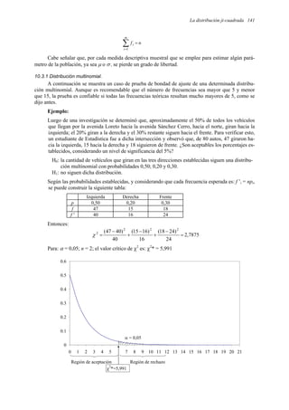La distribución ji-cuadrada 141
∑
=
=
m
i
i n
f
1
Cabe señalar que, por cada medida descriptiva muestral que se emplee para estimar algún pará-
metro de la población, ya sea µ o σ , se pierde un grado de libertad.
10.3.1 Distribución multinomial.
A continuación se muestra un caso de prueba de bondad de ajuste de una determinada distribu-
ción multinomial. Aunque es recomendable que el número de frecuencias sea mayor que 5 y menor
que 15, la prueba es confiable si todas las frecuencias teóricas resultan mucho mayores de 5, como se
dijo antes.
Ejemplo:
Luego de una investigación se determinó que, aproximadamente el 50% de todos los vehículos
que llegan por la avenida Loreto hacia la avenida Sánchez Cerro, hacia el norte, giran hacia la
izquierda; el 20% giran a la derecha y el 30% restante siguen hacia el frente. Para verificar esto,
un estudiante de Estadística fue a dicha intersección y observó que, de 80 autos, 47 giraron ha-
cia la izquierda, 15 hacia la derecha y 18 siguieron de frente. ¿Son aceptables los porcentajes es-
tablecidos, considerando un nivel de significancia del 5%?
H0: la cantidad de vehículos que giran en las tres direcciones establecidas siguen una distribu-
ción multinomial con probabilidades 0,50; 0,20 y 0,30.
H1: no siguen dicha distribución.
Según las probabilidades establecidas, y considerando que cada frecuencia esperada es: f ’i = npi,
se puede construir la siguiente tabla:
Izquierda Derecha Frente
p 0,50 0,20 0,30
f 47 15 18
f ' 40 16 24
Entonces:
7875
,
2
24
)
24
18
(
16
)
16
15
(
40
)
40
47
( 2
2
2
2
=
−
+
−
+
−
=
χ
Para: α = 0,05; n = 2; el valor crítico de χ2
es: χ2
* = 5,991
0
0.1
0.2
0.3
0.4
0.5
0.6
0 1 2 3 4 5 6 7 8 9 10 11 12 13 14 15 16 17 18 19 20 21
Región de rechazo
Región de aceptación
χ2
*=5,991
α = 0,05
 