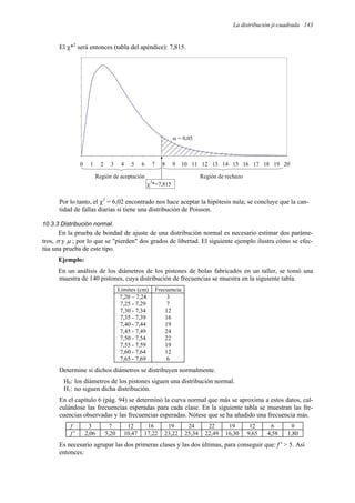 La distribución ji-cuadrada 143
El χ*2
será entonces (tabla del apéndice): 7,815.
0 1 2 3 4 5 6 7 8 9 10 11 12 13 14 15 16 17 18 19 20
χ
2
*=7,815
Región de rechazo
Región de aceptación
α = 0,05
Por lo tanto, el χ2
= 6,02 encontrado nos hace aceptar la hipótesis nula; se concluye que la can-
tidad de fallas diarias sí tiene una distribución de Poisson.
10.3.3 Distribución normal.
En la prueba de bondad de ajuste de una distribución normal es necesario estimar dos paráme-
tros, σ y µ ; por lo que se "pierden" dos grados de libertad. El siguiente ejemplo ilustra cómo se efec-
túa una prueba de este tipo.
Ejemplo:
En un análisis de los diámetros de los pistones de bolas fabricados en un taller, se tomó una
muestra de 140 pistones, cuya distribución de frecuencias se muestra en la siguiente tabla.
Límites (cm) Frecuencia
7,20 – 7,24 3
7,25 - 7,29 7
7,30 - 7,34 12
7,35 - 7,39 16
7,40 - 7,44 19
7,45 - 7,49 24
7,50 - 7,54 22
7,55 - 7,59 19
7,60 - 7,64 12
7,65 - 7,69 6
Determine si dichos diámetros se distribuyen normalmente.
H0: los diámetros de los pistones siguen una distribución normal.
H1: no siguen dicha distribución.
En el capítulo 6 (pág. 94) se determinó la curva normal que más se aproxima a estos datos, cal-
culándose las frecuencias esperadas para cada clase. En la siguiente tabla se muestran las fre-
cuencias observadas y las frecuencias esperadas. Nótese que se ha añadido una frecuencia más.
f 3 7 12 16 19 24 22 19 12 6 0
f ' 2,06 5,20 10,47 17,22 23,22 25,34 22,49 16,30 9,65 4,58 1,80
Es necesario agrupar las dos primeras clases y las dos últimas, para conseguir que: f ' > 5. Así
entonces:
 