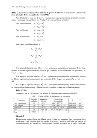 168 Diseño de experimentos y análisis de varianza
(SSE), y el denominador representa el número de grados de libertad. A este cociente también se le
llama promedio de los cuadrados del error (PPE).
Para determinar si cada una de las tres varianzas explicadas es mayor que la varianza no expli-
cada o varianza del error, se hacen tres Pruebas F de comparación de varianzas:
Para los tratamientos: H0 : 2
2
N
ET σ
σ =
H1 : 2
2
N
ET σ
σ >
Para los bloques: H0 : 2
2
N
EB σ
σ =
H1 : 2
2
N
EB σ
σ >
Para la interacción: H0 : 2
2
N
EI σ
σ =
H1 : 2
2
N
EI σ
σ >
Se aceptará cada hipótesis nula si:
*
2
2
T
N
ET
T F
s
s
F <
=
*
2
2
B
N
EB
B F
s
s
F <
=
*
2
2
I
N
EI
I F
s
s
F <
=
Si se acepta la hipótesis nula (H0: 2
2
N
ET σ
σ = ), se estaría aceptando que las medias de los trata-
mientos no difieren significativamente, es decir, que las medias de los tratamientos son iguales (H0: µ1
= µ2 = … = µk).
Si se acepta la hipótesis nula (H0: 2
2
N
EB σ
σ = ), se estaría aceptando que las medias de los bloques
no difieren significativamente, es decir, que las medias de los bloques son iguales (H0: µ1 = µ2 = … =
µn).
Si se acepta la hipótesis nula (H0: 2
2
N
EI σ
σ = ), se estaría aceptando que las interacciones medidas
en cada combinación tratamiento – bloque son muy pequeñas, es decir, que no hay interacción.
Tabla ANOVA
Los valores que se calculan para este análisis de varianza se expresan en la tabla 12.3.
Tabla 12.3. Tabla ANOVA de dos factores con interacción
Variaciones
Suma de
cuadrados
Grados de
libertad
Promedio de
los cuadrados
F F*
Entre tratamientos SST k – 1 PPT = SST / (k – 1) PPT / PPE FT*
Entre bloques SSB n – 1 PPB = SSB / (n – 1) PPB / PPE FB*
Interacción SSI (n – 1) (k – 1) PPI = SSI / [(n – 1) (k – 1)] PPI / PPE FI*
Error SSE nk (r – 1) PPE = SSE / [nk (r – 1)]
Total SSTOT nk – 1
Ejemplo 3:
El gerente de producción de una fábrica quiere evaluar tres máquinas. Para esto asigna cinco
empleados a cada máquina, distribuyéndolos de acuerdo a su nivel académico, de manera tal
que cada máquina sea operada por empleados de los cinco niveles en que se les ha clasificado
 