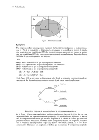 Probabilidades
18
Figura 1.10. Particiones de S.
Ejemplo 1:
Una empresa produce un componente mecánico. De la experiencia adquirida se ha determinado
que el 10% de la producción es defectuosa. La producción es sometida a un control de calidad
que acepta con una precisión del 95% los componentes que realmente son buenos, y rechaza
con una precisión del 85% los componentes que realmente son defectuosos. Determine la pro-
babilidad de que un componente sea aceptado.
Sean:
P(B) = 0,90 = probabilidad de que un componente sea bueno
P(D) = 0,10 = probabilidad de que un componente sea defectuoso
P(A) = probabilidad de que un componente sea aceptado
P(R) = probabilidad de que un componente sea aceptado
P(A  B) = 0,95 ; P(R  B) = 0,05
P(A  D) = 0,15 ; P(R  D) = 0,85
En la figura 1.11 se representa un diagrama de árbol donde se ve que un componente puede ser
aceptado de dos formas (mutuamente excluyentes): siendo bueno o siendo defectuoso.
Figura 1.11. Diagrama de árbol del problema de los componentes mecánicos
En la figura 1.12 se representa el mismo problema mediante un diagrama de Venn. En este caso
la probabilidades son representadas como porcentajes. El área sombreada representa el porcen-
taje de componentes mecánicos que han sido aceptados en el control de calidad, ya sean com-
ponentes buenos o defectuosos. Si el 95% de los componentes buenos son aceptados, se deduce
que el porcentaje de componentes aceptados y buenos será el 95% del 90%. Si el 15% de los
componentes defectuosos son aceptados, se deduce que el porcentaje de componentes aceptados
Bueno
Defectuoso
Aceptado
Aceptado
Rechazado
Rechazado
0,9
0,1
0,95
0,05
0,15
0,85
 