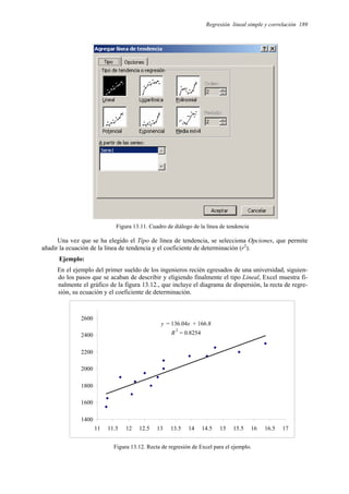 Regresión lineal simple y correlación 189
Figura 13.11. Cuadro de diálogo de la línea de tendencia
Una vez que se ha elegido el Tipo de línea de tendencia, se selecciona Opciones, que permite
añadir la ecuación de la línea de tendencia y el coeficiente de determinación (r2
).
Ejemplo:
En el ejemplo del primer sueldo de los ingenieros recién egresados de una universidad, siguien-
do los pasos que se acaban de describir y eligiendo finalmente el tipo Lineal, Excel muestra fi-
nalmente el gráfico de la figura 13.12., que incluye el diagrama de dispersión, la recta de regre-
sión, su ecuación y el coeficiente de determinación.
y = 136.04x + 166.8
R
2
= 0.8254
1400
1600
1800
2000
2200
2400
2600
11 11.5 12 12.5 13 13.5 14 14.5 15 15.5 16 16.5 17
Figura 13.12. Recta de regresión de Excel para el ejemplo.
 