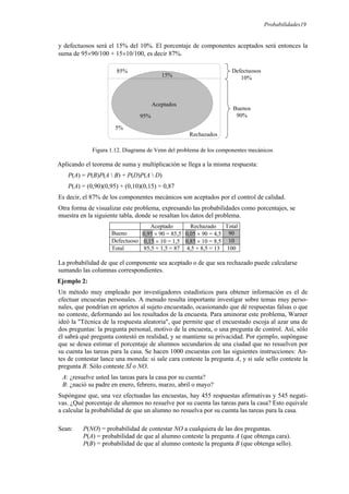 Probabilidades19
y defectuosos será el 15% del 10%. El porcentaje de componentes aceptados será entonces la
suma de 95×90/100 + 15×10/100, es decir 87%.
Figura 1.12. Diagrama de Venn del problema de los componentes mecánicos
Aplicando el teorema de suma y multiplicación se llega a la misma respuesta:
P(A) = P(B)P(A  B) + P(D)P(A  D)
P(A) = (0,90)(0,95) + (0,10)(0,15) = 0,87
Es decir, el 87% de los componentes mecánicos son aceptados por el control de calidad.
Otra forma de visualizar este problema, expresando las probabilidades como porcentajes, se
muestra en la siguiente tabla, donde se resaltan los datos del problema.
Aceptado Rechazado Total
Bueno 0,95 × 90 = 85,5 0,05 × 90 = 4,5 90
Defectuoso 0,15 × 10 = 1,5 0,85 × 10 = 8,5 10
Total 85,5 + 1,5 = 87 4,5 + 8,5 = 13 100
La probabilidad de que el componente sea aceptado o de que sea rechazado puede calcularse
sumando las columnas correspondientes.
Ejemplo 2:
Un método muy empleado por investigadores estadísticos para obtener información es el de
efectuar encuestas personales. A menudo resulta importante investigar sobre temas muy perso-
nales, que pondrían en aprietos al sujeto encuestado, ocasionando que dé respuestas falsas o que
no conteste, deformando así los resultados de la encuesta. Para aminorar este problema, Warner
ideó la "Técnica de la respuesta aleatoria", que permite que el encuestado escoja al azar una de
dos preguntas: la pregunta personal, motivo de la encuesta, o una pregunta de control. Así, sólo
él sabrá qué pregunta contestó en realidad, y se mantiene su privacidad. Por ejemplo, supóngase
que se desea estimar el porcentaje de alumnos secundarios de una ciudad que no resuelven por
su cuenta las tareas para la casa. Se hacen 1000 encuestas con las siguientes instrucciones: An-
tes de contestar lance una moneda: si sale cara conteste la pregunta A, y si sale sello conteste la
pregunta B. Sólo conteste SÍ o NO.
A: ¿resuelve usted las tareas para la casa por su cuenta?
B: ¿nació su padre en enero, febrero, marzo, abril o mayo?
Supóngase que, una vez efectuadas las encuestas, hay 455 respuestas afirmativas y 545 negati-
vas. ¿Qué porcentaje de alumnos no resuelve por su cuenta las tareas para la casa? Esto equivale
a calcular la probabilidad de que un alumno no resuelva por su cuenta las tareas para la casa.
Sean: P(NO) = probabilidad de contestar NO a cualquiera de las dos preguntas.
P(A) = probabilidad de que al alumno conteste la pregunta A (que obtenga cara).
P(B) = probabilidad de que al alumno conteste la pregunta B (que obtenga sello).
Buenos
90%
Defectuosos
10%
Aceptados
Rechazados
95%
15%
85%
5%
 