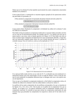 Análisis de series de tiempo 205
Nótese que en la columna H se han repetido sucesivamente las cuatro componentes estacionales
halladas en la columna G.
Como ayuda al lector, a continuación se muestran algunos ejemplos de las operaciones realiza-
das para hallar S×I promedio y S:
• Para calcular la componente S×I promedio del primer trimestre del año (celda G3):
=PROMEDIO(F3,F7,F11,F15,F19,F23,F27).
• Para calcular la componente S del primer trimestre del año (celda H3):
=G3*4/SUMA(G$3:G$6)
Luego puede aislarse fácilmente la componente I, dividiendo las celdas de la columna F entre
las celdas de la columna H.
Para hallar la línea de tendencia (componente tendencial) es necesario hallar promedios móviles
con un valor de M suficientemente grande. Por ejemplo, para M = 9 se obtiene una serie que se
ajusta mucho a una recta, como se puede apreciar en la figura 14.10. Para hallar esta recta se
traza en primer lugar el diagrama de dispersión de la serie recientemente obtenida, y luego bas-
tará con seleccionar cualquier punto, hacer clic con el botón derecho del mouse y ejecutar el
comando Agregar línea de tendencia, como ya se ha explicado en 13.10.1
y = 7.1633x + 119
0
50
100
150
200
250
300
350
400
450
500
1 2 3 4 1 2 3 4 1 2 3 4 1 2 3 4 1 2 3 4 1 2 3 4 1 2 3 4
Ventas
trimestrales
1998 1999 2000 2001 2002 2003 2004
Serie de tiempo suavizada
con promedio móvil de 9 trimestres
Figura 14.10. Determinación de la recta tendencial
Si se opta por hallar media móviles con un valor de M ≠ 9, se obtendrá una recta tendencial evi-
dentemente distinta; pero muy aproximada a la que se acaba de obtener. Como se trata de esti-
mar la recta tendencial, las pequeñas diferencias que se obtengan entre una u otra opción care-
cen de importancia.
Una vez que se ha obtenido la componente tendencial, es fácil hallar la componente cíclica, di-
vidiendo las celdas de la columna E entre las celdas donde se colocan los valores Ti.
Los gráficos de las cuatro componentes de este problema corresponden a los que se muestran en
las figuras 14.1; 14.2; 14.4 y 14.6. Vale la pena ver el gráfico de la componente S×I, que se
muestra en la figura 14.11. Se aprecia claramente cómo la componente irregular afecta a la
componente estacional. Se entiende así que para estimar las componentes estacionales de cada
trimestre haya que promediar las componentes los respectivos valores de S×I de todos los tri-
mestres.
 
