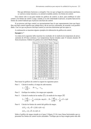 Herramientas estadísticas para mejorar la calidad de los procesos 221
bles que deforman el proceso y corregirlo. Una vez que se hagan las correcciones oportunas,
se vuelven a tomar muestras y se calcula la medida central y los límites de control.
Este criterio sólo se usa para instalar los gráficos de control, es decir, para establecer el valor
central y los límites de control. Luego, cuando ya se esté controlando el proceso, un punto fuera de los
límites de control indicará que el proceso está fuera de control.
Si un proceso está bajo control, no necesariamente hace lo que supuestamente tiene que hacer.
Que esté bajo control significa que trabaja bien y da un servicio consistente, de acuerdo a sus posibili-
dades. Una vez que un proceso está bajo control ya conviene determinar qué tan capaz es.
A continuación se muestran algunos ejemplos de elaboración de gráficos de control.
Ejemplo 1: *
Los datos de la siguiente tabla muestran los resultados de la medición de temperatura de proce-
samiento de 20 lotes continuos. Las temperaturas fueron tomadas cada 15 minutos durante 20
horas de proceso. Elabore los gráficos de control Media-Rango.
Muestra T1 T2 T3 T4 Media Rango
1 65 66 67 68 66,50 3
2 65 66 67 67 66,25 2
3 68 65 67 64 66,00 4
4 67 66 68 67 67,00 2
5 67 66 66 67 66,50 1
6 67 67 66 68 67,00 2
7 68 64 67 68 66,75 4
8 67 66 67 67 66,75 1
9 66 68 66 66 66,50 2
10 66 67 67 67 66,75 1
11 66 68 67 67 67,00 2
12 66 66 67 67 66,50 1
13 65 67 65 67 66,00 2
14 68 66 65 67 66,50 3
15 66 67 67 67 66,75 1
16 65 67 67 66 66,25 2
17 67 67 66 66 66,50 1
18 67 67 68 67 67,25 1
19 67 67 68 68 67,50 1
20 68 67 67 67 67,25 1
Total 1333,50 37
Para trazar los gráficos de control se siguen los siguientes pasos:
Paso 1: Calcule la media y el rango de cada muestra.
∑
=
=
n
k
k
i x
n
x
1
1
mín
máx i
i x
x
R −
=
Paso 2: Grafique las medias y los rangos por separado.
Paso 3: Calcule la media de las medias ( )
x y la media de los rangos ( )
R
675
,
66
50
,
1333
20
1
1
1
∑
=
=
×
=
=
m
j
j
x
m
x ; 85
,
1
37
20
1
1
1
∑
=
=
×
=
=
m
j
j
R
m
R
Paso 4: Calcule los límites de control del gráfico de rangos.
2
,
4
85
,
1
282
,
2
4 =
×
=
×
= R
D
LCSR
0
85
,
1
0
3 =
×
=
×
= R
D
LCIR
Sobre el gráfico de rangos trazado en el paso 2 (figura 15.16), trace líneas horizontales que re-
presenten los límites de control recién calculados. Verifique que no haya ningún punto más allá
 