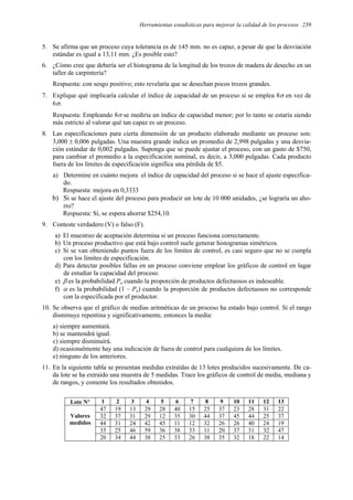 Herramientas estadísticas para mejorar la calidad de los procesos 239
5. Se afirma que un proceso cuya tolerancia es de ±45 mm. no es capaz, a pesar de que la desviación
estándar es igual a 13,11 mm. ¿Es posible esto?
6. ¿Cómo cree que debería ser el histograma de la longitud de los trozos de madera de desecho en un
taller de carpintería?
Respuesta: con sesgo positivo; esto revelaría que se desechan pocos trozos grandes.
7. Explique qué implicaría calcular el índice de capacidad de un proceso si se emplea 8σ en vez de
6σ.
Respuesta: Empleando 8σ se mediría un índice de capacidad menor; por lo tanto se estaría siendo
más estricto al valorar qué tan capaz es un proceso.
8. Las especificaciones para cierta dimensión de un producto elaborado mediante un proceso son:
3,000 ± 0,006 pulgadas. Una muestra grande indica un promedio de 2,998 pulgadas y una desvia-
ción estándar de 0,002 pulgadas. Suponga que se puede ajustar el proceso, con un gasto de $750,
para cambiar el promedio a la especificación nominal, es decir, a 3,000 pulgadas. Cada producto
fuera de los límites de especificación significa una pérdida de $5.
a) Determine en cuánto mejora el índice de capacidad del proceso si se hace el ajuste especifica-
do.
Respuesta: mejora en 0,3333
b) Si se hace el ajuste del proceso para producir un lote de 10 000 unidades, ¿se lograría un aho-
rro?
Respuesta: Sí, se espera ahorrar $254,10.
9. Conteste verdadero (V) o falso (F).
a) El muestreo de aceptación determina si un proceso funciona correctamente.
b) Un proceso productivo que está bajo control suele generar histogramas simétricos.
c) Si se van obteniendo puntos fuera de los límites de control, es casi seguro que no se cumpla
con los límites de especificación.
d) Para detectar posibles fallas en un proceso conviene emplear los gráficos de control en lugar
de estudiar la capacidad del proceso.
e) β es la probabilidad Pa cuando la proporción de productos defectuosos es indeseable.
f) α es la probabilidad (1 – Pa) cuando la proporción de productos defectuosos no corresponde
con la especificada por el productor.
10. Se observa que el gráfico de medias aritméticas de un proceso ha estado bajo control. Si el rango
disminuye repentina y significativamente, entonces la media:
a) siempre aumentará.
b) se mantendrá igual.
c) siempre disminuirá.
d) ocasionalmente hay una indicación de fuera de control para cualquiera de los límites.
e) ninguno de los anteriores.
11. En la siguiente tabla se presentan medidas extraídas de 13 lotes producidos sucesivamente. De ca-
da lote se ha extraído una muestra de 5 medidas. Trace los gráficos de control de media, mediana y
de rangos, y comente los resultados obtenidos.
Lote N° 1 2 3 4 5 6 7 8 9 10 11 12 13
47 19 13 29 28 40 15 25 37 23 28 31 22
32 37 31 29 12 35 30 44 37 45 44 25 37
44 31 24 42 45 11 12 32 26 26 40 24 19
35 25 46 59 36 38 33 11 20 37 31 32 47
Valores
medidos
20 34 44 38 25 33 26 38 35 32 18 22 14
 