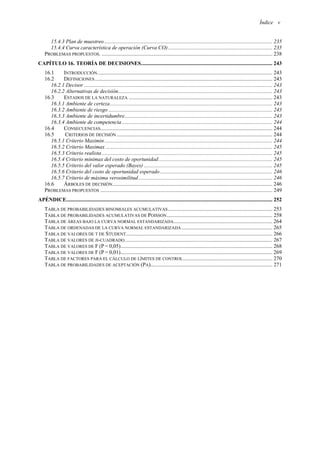Índice v
15.4.3 Plan de muestreo ............................................................................................................................ 235
15.4.4 Curva característica de operación (Curva CO)............................................................................. 235
PROBLEMAS PROPUESTOS. .............................................................................................................................. 238
CAPÍTULO 16. TEORÍA DE DECISIONES................................................................................................. 243
16.1 INTRODUCCIÓN................................................................................................................................. 243
16.2 DEFINICIONES................................................................................................................................... 243
16.2.1 Decisor ........................................................................................................................................... 243
16.2.2 Alternativas de decisión.................................................................................................................. 243
16.3 ESTADOS DE LA NATURALEZA .......................................................................................................... 243
16.3.1 Ambiente de certeza........................................................................................................................ 243
16.3.2 Ambiente de riesgo ......................................................................................................................... 243
16.3.3 Ambiente de incertidumbre............................................................................................................. 243
16.3.4 Ambiente de competencia ............................................................................................................... 244
16.4 CONSECUENCIAS............................................................................................................................... 244
16.5 CRITERIOS DE DECISIÓN................................................................................................................... 244
16.5.1 Criterio Maximin............................................................................................................................ 244
16.5.2 Criterio Maximax ........................................................................................................................... 245
16.5.3 Criterio realista.............................................................................................................................. 245
16.5.4 Criterio minimax del costo de oportunidad.................................................................................... 245
16.5.5 Criterio del valor esperado (Bayes) ............................................................................................... 245
16.5.6 Criterio del costo de oportunidad esperado................................................................................... 246
16.5.7 Criterio de máxima verosimilitud................................................................................................... 246
16.6 ÁRBOLES DE DECISIÓN...................................................................................................................... 246
PROBLEMAS PROPUESTOS ............................................................................................................................... 249
APÉNDICE........................................................................................................................................................ 252
TABLA DE PROBABILIDADES BINOMIALES ACUMULATIVAS............................................................................. 253
TABLA DE PROBABILIDADES ACUMULATIVAS DE POISSON.............................................................................. 258
TABLA DE ÁREAS BAJO LA CURVA NORMAL ESTANDARIZADA......................................................................... 264
TABLA DE ORDENADAS DE LA CURVA NORMAL ESTANDARIZADA ................................................................... 265
TABLA DE VALORES DE T DE STUDENT............................................................................................................ 266
TABLA DE VALORES DE JI-CUADRADO............................................................................................................. 267
TABLA DE VALORES DE F (P = 0,05)................................................................................................................ 268
TABLA DE VALORES DE F (P = 0,01)................................................................................................................ 269
TABLA DE FACTORES PARA EL CÁLCULO DE LÍMITES DE CONTROL.................................................................. 270
TABLA DE PROBABILIDADES DE ACEPTACIÓN (PA).......................................................................................... 271
 
