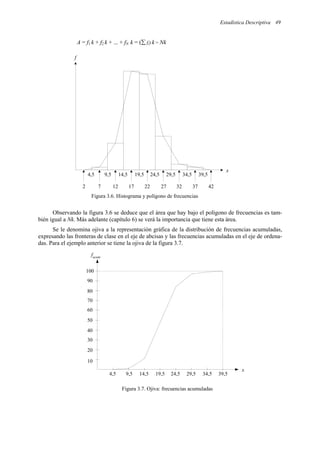 Estadística Descriptiva 49
A = f1 k + f2 k + ... + fN k = (∑ fi) k = Nk
Figura 3.6. Histograma y polígono de frecuencias
Observando la figura 3.6 se deduce que el área que hay bajo el polígono de frecuencias es tam-
bién igual a Nk. Más adelante (capítulo 6) se verá la importancia que tiene esta área.
Se le denomina ojiva a la representación gráfica de la distribución de frecuencias acumuladas,
expresando las fronteras de clase en el eje de abcisas y las frecuencias acumuladas en el eje de ordena-
das. Para el ejemplo anterior se tiene la ojiva de la figura 3.7.
Figura 3.7. Ojiva: frecuencias acumuladas
4,5 9,5 14,5 19,5 24,5 29,5 34,5 39,5
2 7 12 17 22 27 32 37 42
x
f
4,5 9,5 14,5 19,5 24,5 29,5 34,5 39,5
10
80
70
60
50
40
30
20
100
90
x
facum
 