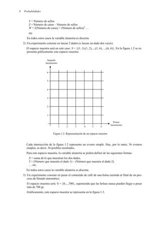 Probabilidades
8
Y = Número de sellos
Z = Número de caras – Número de sellos
W = 2(Número de caras) + (Número de sellos)2
…
etc.
En todos estos casos la variable aleatoria es discreta.
2) Un experimento consiste en lanzar 2 dados (o lanzar un dado dos veces).
El espacio muestra será en este caso: S = {(1, 1),(1, 2),...,(1, 6), ...,(6, 6)}. En la figura 1.2 se re-
presenta gráficamente este espacio muestra.
Figura 1.2. Representación de un espacio muestra
Cada intersección de la figura 1.2 representa un evento simple. Hay, por lo tanto, 36 eventos
simples, es decir, 36 posibles resultados.
Para este espacio muestra, la variable aleatoria se podría definir de las siguientes formas:
X = suma de lo que muestran los dos dados.
Y = (Número que muestra el dado 1) – (Número que muestra el dado 2).
… etc.
En todos estos casos la variable aleatoria es discreta.
3) Un experimento consiste en pesar el contenido de café de una bolsa extraída al final de un pro-
ceso de llenado automático.
El espacio muestra será: S = {0,...,700}, suponiendo que las bolsas nunca pueden llegar a pesar
más de 700 gr.
Gráficamente, este espacio muestra se representa en la figura 1.3.
Primer
lanzamiento
Segundo
lanzamiento
1 3
2 6
5
4
6
5
4
3
2
1
 