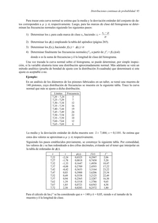 Distribuciones continuas de probabilidad 95
Para trazar esta curva normal se estima que la media y la desviación estándar del conjunto de da-
tos corresponden a µ y σ, respectivamente. Luego, para las marcas de clase del histograma se deter-
minan las frecuencias normales siguiendo los siguientes pasos:
1) Determinar los zi para cada marca de clase xi, haciendo: zi =
σ
µ
−
i
x
2) Determinar los φ(zi) empleando la tabla del apéndice (página 265).
3) Determinar los f(xi), haciendo: f(xi) = φ(zi) /σ
4) Determinar finalmente las frecuencias normales f 'i, a partir de: f 'i = f(xi)(nk)
donde n es la suma de frecuencias y k la longitud de clase del histograma.
Una vez trazada la curva normal sobre el histograma, se puede determinar, por simple inspec-
ción, si la variable aleatoria tiene una distribución aproximadamente normal. Más adelante se verá un
método analítico (prueba de bondad de ajuste con la distribución Ji-cuadrada) que determinará si este
ajuste es aceptable o no.
Ejemplo:
En un análisis de los diámetros de los pistones fabricados en un taller, se tomó una muestra de
140 pistones, cuya distribución de frecuencias se muestra en la siguiente tabla. Trace la curva
normal que más se ajuste a dicha distribución.
Límites Frecuencia
7,20 – 7,24 3
7,25 - 7,29 7
7,30 - 7,34 12
7,35 - 7,39 16
7,40 - 7,44 19
7,45 - 7,49 24
7,50 - 7,54 22
7,55 - 7,59 19
7,60 - 7,64 12
7,65 - 7,69 6
La media y la desviación estándar de dicha muestra son: =
x 7,466; s = 0,1101. Se estima que
estos dos valores se aproximan a µ y σ, respectivamente.
Siguiendo los pasos establecidos previamente, se construye la siguiente tabla. Por comodidad,
los valores de z se han redondeado a dos cifras decimales, evitando así el tener que interpolar en
la tabla de ordenadas de φ(z).
x z φ (z) f (x) f '
7,22 -2,24 0,0325 0,2947 2,06
7,27 -1,78 0,0818 0,7430 5,20
7,32 -1,33 0,1647 1,4958 10,47
7,37 -0,88 0,2709 2,4593 17,22
7,42 -0,42 0,3653 3,3164 23,22
7,47 0,03 0,3988 3,6206 25,34
7,52 0,49 0,3538 3,2125 22,49
7,57 0,94 0,2565 2,3287 16,30
7,62 1,39 0,1518 1,3786 9,65
7,67 1,85 0,0721 0,6543 4,58
7,72 2,30 0,0283 0,2572 1,80
Para el cálculo de las f ' se ha considerado que n = 140 y k = 0,05, siendo n el tamaño de la
muestra y k la longitud de clase.
 