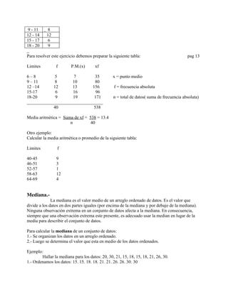 9 - 11     8
12 - 14    12
15 - 17     6
18 - 20     9

Para resolver este ejercicio debemos preparar la siguiente tabla:                         pag 13

Limites         f        P.M.(x)       xf

6–8          5        7        35                x = punto medio
9 – 11       8       10        80
12 –14      12       13       156                f = frecuencia absoluta
15-17        6       16         96
18-20        9       19        171               n = total de datos( suma de frecuencia absoluta)
__________________________________
            40                 538

Media aritmética = Suma de xf = 538 = 13.4
                      n          40

Otro ejemplo:
Calcular la media aritmética o promedio de la siguiente tabla:

Limites          f

40-45           9
46-51           3
52-57           1
58-63           12
64-69           4


Mediana.-
              La mediana es el valor medio de un arreglo ordenado de datos. Es el valor que
divide a los datos en dos partes iguales (por encima de la mediana y por debajo de la mediana).
Ninguna observación extrema en un conjunto de datos afecta a la mediana. En consecuencia,
siempre que una observación extrema este presente, es adecuado usar la median en lugar de la
media para describir el conjunto de datos.

Para calcular la mediana de un conjunto de datos:
1.- Se organizan los datos en un arreglo ordenado.
2.- Luego se determina el valor que esta en medio de los datos ordenados.

Ejemplo:
        Hallar la mediana para los datos: 20, 30, 21, 15, 18, 15, 18, 21, 26, 30.
1.- Ordenamos los datos: 15. 15. 18. 18. 21. 21. 26. 26. 30. 30
 
