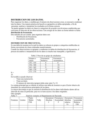 DISTRIBUCION DE LOS DATOS.                                                                   8
Para organizar los datos, a medida que el número de observaciones crece, es necesario condensar
más los datos. Una manera práctica de hacerlo es agruparlos en tablas apropiadas, a fin de
 presentar, analizar o interpretar los resultados en la forma correcta
 Se puede agrupar los datos en clases (o categorías) de acuerdo con divisiones establecidas que
convienen al intervalo de las observaciones. Este arreglo de los datos en forma tabular se llama
distribución de frecuencias.
Dos métodos de uso común para organizar datos son:
    - Distribución de frecuencias.
    - Frecuencias acumuladas.

DISTRIBUCION DE FRECUENCIA.
Es una tabla de resumen en la cual los datos se colocan en grupos o categorías establecidas en
forma conveniente de clases ordenadas numéricamente.
Cuando las observaciones se agrupan o condensan en tablas de distribución de frecuencias, el
proceso de análisis e interpretación de los datos es mucho mas manejable y significativo.

                            Tabla 2: Peso de un grupo de estudiantes
                         Grupos o         Frecuencia      Frecuencia
                         clases           Relativa        Acumulativa
                         151 - 155              6              6
                         156 - 160              8              14
                         161 - 165              9              23
                         166 - 170              11             34
                         171 - 175              1              35
N=
35
En la tabla se puede observar:
    - Tiene una numeración.
    - Tiene un titulo.
    - El número de intervalos (grupos) debe estar entre 5 y 15.
La ventaja principal que se obtiene al utilizar esta tabla de resumen es que el lector observa de
inmediato las características principales de los datos.
La mayor desventaja es que no muestra la distribución de los datos individuales dentro del un
intervalo de clase en particular, pues no se tiene acceso a los datos originales.
Otro ejemplo:
Tabla: 3             Edad de visitantes al Departamento de Hacienda
                         Punto                    frecuencia Frecuencia frecuencia Frecuencia
Fronteras Limites        Medio       Tally        Absoluta Acumulada absoluta             acumulada
                         P.M.                         f            F         relativa     Relativa
                                                                                f.r.        F,R.
 