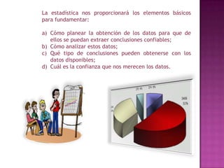 La estadística nos proporcionará los elementos básicos para fundamentar:Cómo planear la obtención de los datos para que de ellos se puedan extraer conclusiones confiables;Cómo analizar estos datos;Qué tipo de conclusiones pueden obtenerse con los datos disponibles;Cuál es la confianza que nos merecen los datos.