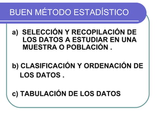 BUEN MÉTODO ESTADÍSTICO

a) SELECCIÓN Y RECOPILACIÓN DE
   LOS DATOS A ESTUDIAR EN UNA
   MUESTRA O POBLACIÓN .

b) CLASIFICACIÓN Y ORDENACIÓN DE
   LOS DATOS .

c) TABULACIÓN DE LOS DATOS
 