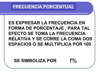 FRECUENCIA PORCENTUAL


ES EXPRESAR LA FRECUENCIA EN
FORMA DE PORCENTAJE , PARA TAL
EFECTO SE TOMA LA FRECUENCIA
RELATIVA Y SE CORRE LA COMA DOS
ESPACIOS O SE MULTIPLICA POR 100


  SE SIMBOLIZA POR :   f%
 