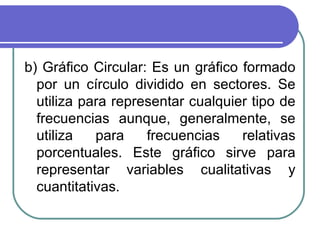 b) Gráfico Circular: Es un gráfico formado
  por un círculo dividido en sectores. Se
  utiliza para representar cualquier tipo de
  frecuencias aunque, generalmente, se
  utiliza   para    frecuencias    relativas
  porcentuales. Este gráfico sirve para
  representar variables cualitativas y
  cuantitativas.
 