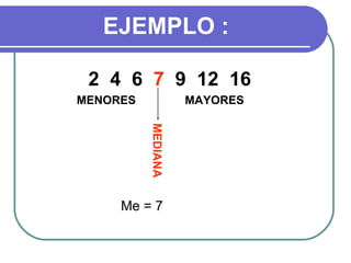 EJEMPLO :

 2 4 6 7 9 12 16
MENORES             MAYORES



          MEDIANA



     Me = 7
 
