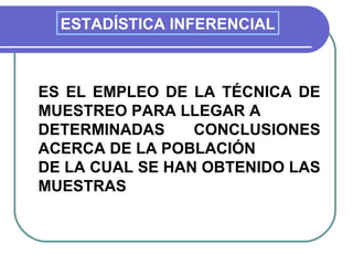 ESTADÍSTICA INFERENCIAL



ES EL EMPLEO DE LA TÉCNICA DE
MUESTREO PARA LLEGAR A
DETERMINADAS     CONCLUSIONES
ACERCA DE LA POBLACIÓN
DE LA CUAL SE HAN OBTENIDO LAS
MUESTRAS
 