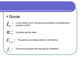    Dónde

Li :      Límite inferior de la frecuencia acumulada, inmediatamente
          posterior al 50%


n:        Cantidad total de datos



Fi −1 :     Frecuencia acumulada anterior a la mediana




fi :      Frecuencia absoluta del intervalo de la Mediana
 