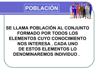 POBLACIÓN


SE LLAMA POBLACIÓN AL CONJUNTO
     FORMADO POR TODOS LOS
 ELEMENTOS CUYO CONOCIMIENTO
     NOS INTERESA . CADA UNO
     DE ESTOS ELEMENTOS LO
   DENOMINAREMOS INDIVIDUO .
 