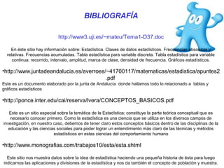 BIBLIOGRAFÍA
http://www3.uji.es/~mateu/Tema1-D37.doc
En éste sitio hay información sobre: Estadística. Clases de datos estadísticos. Frecuencias absolutas y
relativas. Frecuencias acumuladas. Tabla estadística para variable discreta. Tabla estadística para variable
continua: recorrido, intervalo, amplitud, marca de clase, densidad de frecuencia. Gráficos estadísticos.
•http://www.juntadeandalucia.es/averroes/~41700117/matematicas/estadistica/apuntes2
.pdf
Este es un documento elaborado por la junta de Andalucía donde hallamos todo lo relacionado a tablas y
gráficos estadísticos
•http://ponce.inter.edu/cai/reserva/lvera/CONCEPTOS_BASICOS.pdf
Este es un sitio especial sobre la temática de la Estadística; constituye la parte teórica conceptual que es
necesario conocer primero. Como la estadística es una ciencia que se utiliza en los diversos campos de
investigación, en nuestro caso, debemos de tener claro estos conceptos básicos dentro de las disciplinas de la
educación y las ciencias sociales para poder lograr un entendimiento más claro de las técnicas y métodos
estadísticos en estas ciencias del comportamiento humano
•http://www.monografias.com/trabajos10/esta/esta.shtml
Este sitio nos muestra datos sobre la idea de estadística haciendo una pequeña historia de ésta para luego
indicarnos las aplicaciones y divisiones de la estadística y nos da también el concepto de población y muestra.
 
