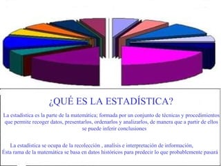 ¿QUÉ ES LA ESTADÍSTICA?
La estadística es la parte de la matemática; formada por un conjunto de técnicas y procedimientos
que permite recoger datos, presentarlos, ordenarlos y analizarlos, de manera que a partir de ellos
se puede inferir conclusiones
La estadística se ocupa de la recolección , analísis e interpretación de información,
Ésta rama de la matemática se basa en datos históricos para predecir lo que probablemente pasará
 