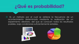 ¿Qué es probabilidad?
 Es un método por el cual se obtiene la frecuencia de un
acontecimiento determinado mediante la realización de un
experimento aleatorio, del que se conocen todos los resultados
posibles, bajo condiciones suficientemente estables.
 