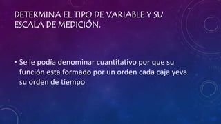 DETERMINA EL TIPO DE VARIABLE Y SU
ESCALA DE MEDICIÓN.
• Se le podía denominar cuantitativo por que su
función esta formado por un orden cada caja yeva
su orden de tiempo
 