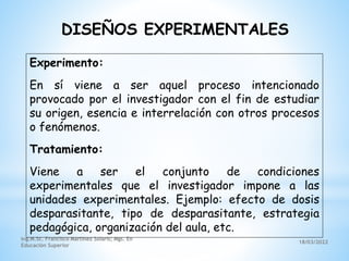 18/03/2022
Ing.M.Sc. Francisco Martínez Solaris; Mgs. En
Educación Superior
Experimento:
En sí viene a ser aquel proceso intencionado
provocado por el investigador con el fin de estudiar
su origen, esencia e interrelación con otros procesos
o fenómenos.
Tratamiento:
Viene a ser el conjunto de condiciones
experimentales que el investigador impone a las
unidades experimentales. Ejemplo: efecto de dosis
desparasitante, tipo de desparasitante, estrategia
pedagógica, organización del aula, etc.
DISEÑOS EXPERIMENTALES
 