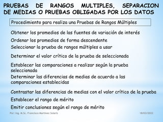 PRUEBAS DE RANGOS MULTIPLES, SEPARACION
DE MEDIAS O PRUEBAS OBLIGADAS POR LOS DATOS
Obtener los promedios de las fuentes de variación de interés
Procedimiento para realiza una Pruebas de Rangos Múltiples
Ordenar los promedios de forma descendente
Seleccionar la prueba de rangos múltiples a usar
Determinar el valor crítico de la prueba de seleccionada
Establecer las comparaciones a realizar según la prueba
seleccionada
Determinar las diferencias de medias de acuerdo a las
comparaciones establecidas
Contrastar las diferencias de medias con el valor crítico de la prueba
Establecer el rango de mérito
Emitir conclusiones según el rango de mérito
18/03/2022
Por: Ing. M.Sc. Francisco Martínez Solaris
 