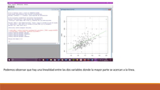 Podemos observar que hay una linealidad entre las dos variables donde la mayor parte se acercan a la línea.
 