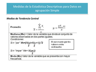 Medidas de la Estadística Descriptivas para Datos en agrupación Simple Medias de Tendencia Central  