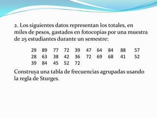 	2. Los siguientes datos representan los totales, en miles de pesos, gastados en fotocopias por una muestra de 25 estudiantes durante un semestre:	Construya una tabla de frecuencias agrupadas usando la regla de Sturges.