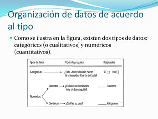 Organización de datos de acuerdo al tipoComo se ilustra en la figura, existen dos tipos de datos: categóricos (o cualitativos) y numéricos  (cuantitativos).