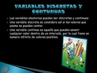 Las variables aleatorias pueden ser discretas y continuas:Una variable discreta se considera así si los valores que asume se pueden contar.Una variable continua es aquella que pueden asumir cualquier valor dentro de un intervalo, por lo cual tiene un numero infinito de valores posibles.VARIABLES DISCRETAS Y CONTUNUAS