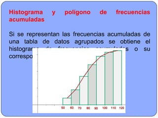 Histograma    y   polígono    de   frecuencias
acumuladas

Si se representan las frecuencias acumuladas de
una tabla de datos agrupados se obtiene el
histograma de frecuencias acumuladas o su
correspondiente polígono.
 