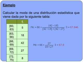 Ejemplo

Calcular la moda de una distribución estadística que
viene dada por la siguiente tabla:
            fi
    [60,
            5
    63)
    [63,
            18
    66)
    [66,
            42
    69)
    [69,
            27
    72)
    [72,
            8
    75)
 