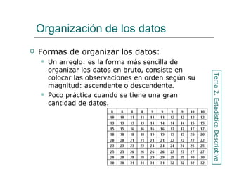Organización de los datos
 Formas de organizar los datos:
 Un arreglo: es la forma más sencilla de
organizar los datos en bruto, consiste en
colocar las observaciones en orden según su
magnitud: ascendente o descendente.
 Poco práctica cuando se tiene una gran
cantidad de datos.
Tema2.EstadísticaDescriptiva
 