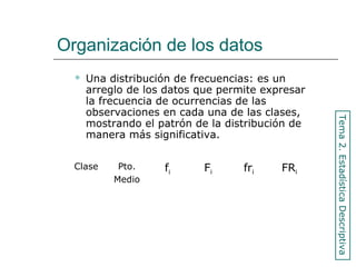Organización de los datos
 Una distribución de frecuencias: es un
arreglo de los datos que permite expresar
la frecuencia de ocurrencias de las
observaciones en cada una de las clases,
mostrando el patrón de la distribución de
manera más significativa.
Clase Pto.
Medio
fi Fi fri FRi
Tema2.EstadísticaDescriptiva
 