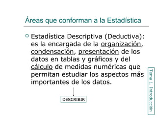 Áreas que conforman a la Estadística
 Estadística Descriptiva (Deductiva):
es la encargada de la organización,
condensación, presentación de los
datos en tablas y gráficos y del
cálculo de medidas numéricas que
permitan estudiar los aspectos más
importantes de los datos.
Tema1.Introducción
DESCRIBIRDESCRIBIR
 