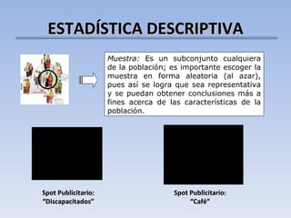 ESTADÍSTICA DESCRIPTIVA Muestra:  Es un subconjunto cualquiera de la población; es importante escoger la muestra en forma aleatoria (al azar), pues así se logra que sea representativa y se puedan obtener conclusiones más a fines acerca de las características de la población. Spot Publicitario: “Discapacitados” Spot Publicitario: “Café” 