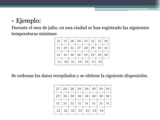 • Ejemplo:
Durante el mes de julio, en una ciudad se han registrado las siguientes
temperaturas máximas




Se ordenan los datos recopilados y se obtiene la siguiente disposición.
 