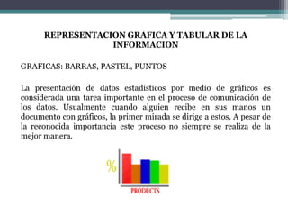 REPRESENTACION GRAFICA Y TABULAR DE LA
                  INFORMACION

GRAFICAS: BARRAS, PASTEL, PUNTOS

La presentación de datos estadísticos por medio de gráficos es
considerada una tarea importante en el proceso de comunicación de
los datos. Usualmente cuando alguien recibe en sus manos un
documento con gráficos, la primer mirada se dirige a estos. A pesar de
la reconocida importancia este proceso no siempre se realiza de la
mejor manera.
 