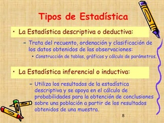 Tipos de Estadística
• La Estadística descriptiva o deductiva:
   – Trata del recuento, ordenación y clasificación de
     los datos obtenidos de las observaciones:
      • Construcción de tablas, gráficos y cálculo de parámetros.

• La Estadística inferencial o inductiva:
     – Utiliza los resultados de la estadística
       descriptiva y se apoya en el cálculo de
       probabilidades para la obtención de conclusiones
       sobre una población a partir de los resultados
       obtenidos de una muestra.
                                                8
 