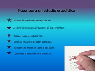 Pasos para un estudio estadístico
Plantear hipótesis sobre una población.
Decidir que datos recoger (Diseños de experimentos).
Recoger los datos (Muestreo).
Describir (Resumir) los datos obtenidos.
Realizar una inferencia sobre la población.
Cuantificar la confianza en la inferencia.
 