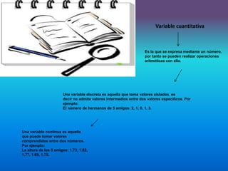 Variable cuantitativa
Es la que se expresa mediante un número,
por tanto se pueden realizar operaciones
aritméticas con ella.
Una variable continua es aquella
que puede tomar valores
comprendidos entre dos números.
Por ejemplo:
La altura de los 5 amigos: 1.73, 1.82,
1.77, 1.69, 1.75.
Una variable discreta es aquella que toma valores aislados, es
decir no admite valores intermedios entre dos valores específicos. Por
ejemplo:
El número de hermanos de 5 amigos: 2, 1, 0, 1, 3.
 